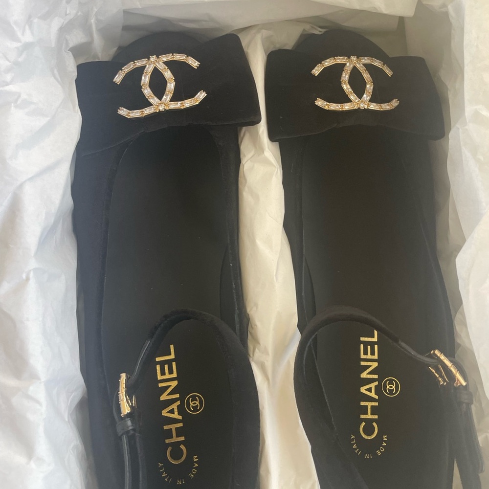 Chanel Black Velvet Ballet Flats Mary Janes